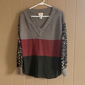 BiBi V-Neck Sweater with Leopard Print Sleeves